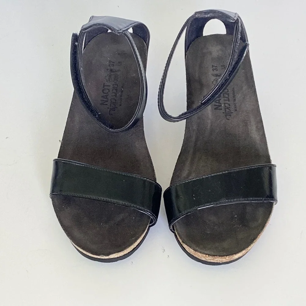 Naot Womens Black Leather Wedge Sandals Ankle Strap Comfort Shoes Size 37 L8